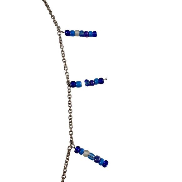 Handmade Silver Chain Blue Beaded Tassel Clasp Necklace - Picture 2 of 5